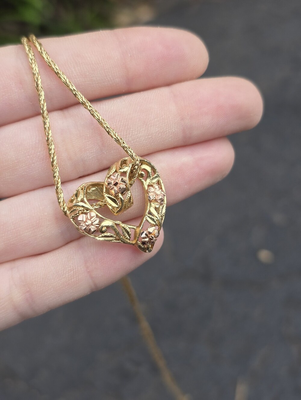 10k Gold Flower Heart Pendant On 14k Hold Chain